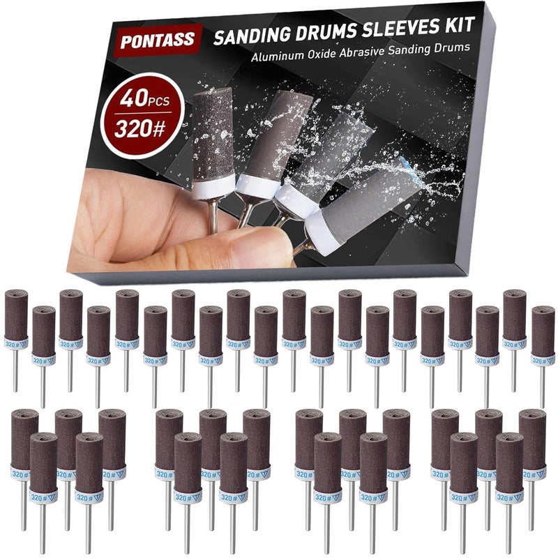 PONTASS 320 Grit 40 PCS Sanding Drums for Dremel Rotary Tools Accessories, Sanding Bits Kit for Dremel Sanding Bands with 1/8 inch Shank, Sandpaper Sticks Set for Plastic Wood Metal Grinding Polishing - Image 1